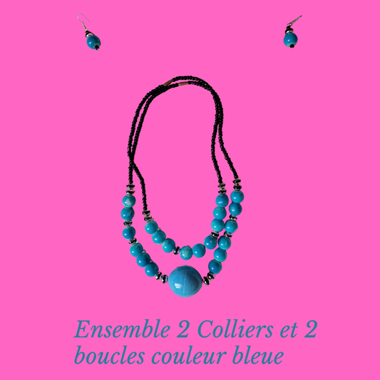 Ensemble de deux colliers et boucles d oreille avec perles bleues