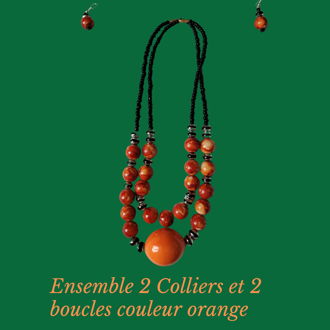 Ensemble de deux colliers et boucles d oreille avec perles oranges