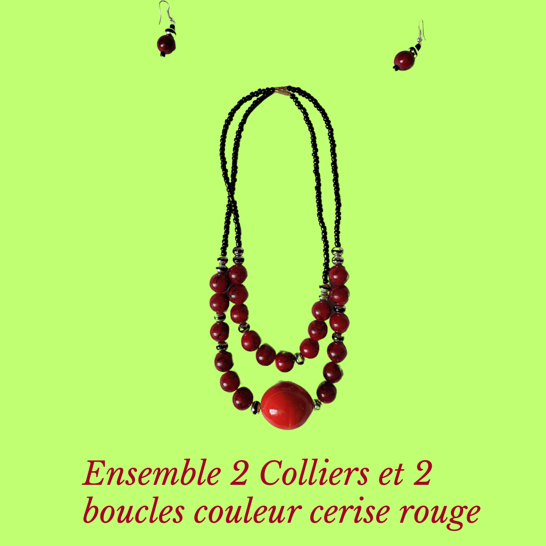 Ensemble de deux colliers et boucles d oreille avec perles rouges bordeaux